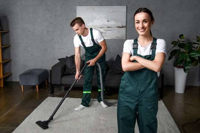 young male cleaner using vacuum cleaner and female coworker standing with crossed arms and smiling
