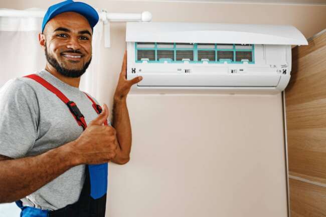 Professional repairman installing air conditioner in a room close up