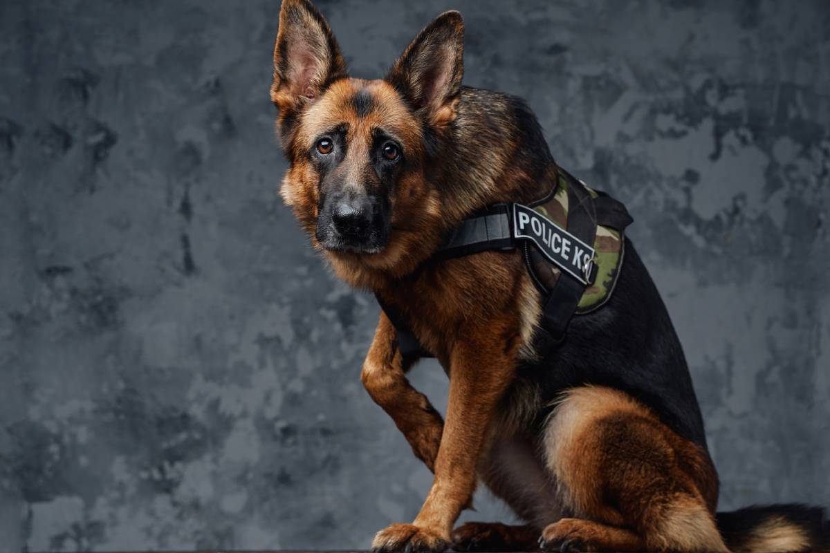 Studio shot of purebred canine unit german shepherd breed with police uniform.