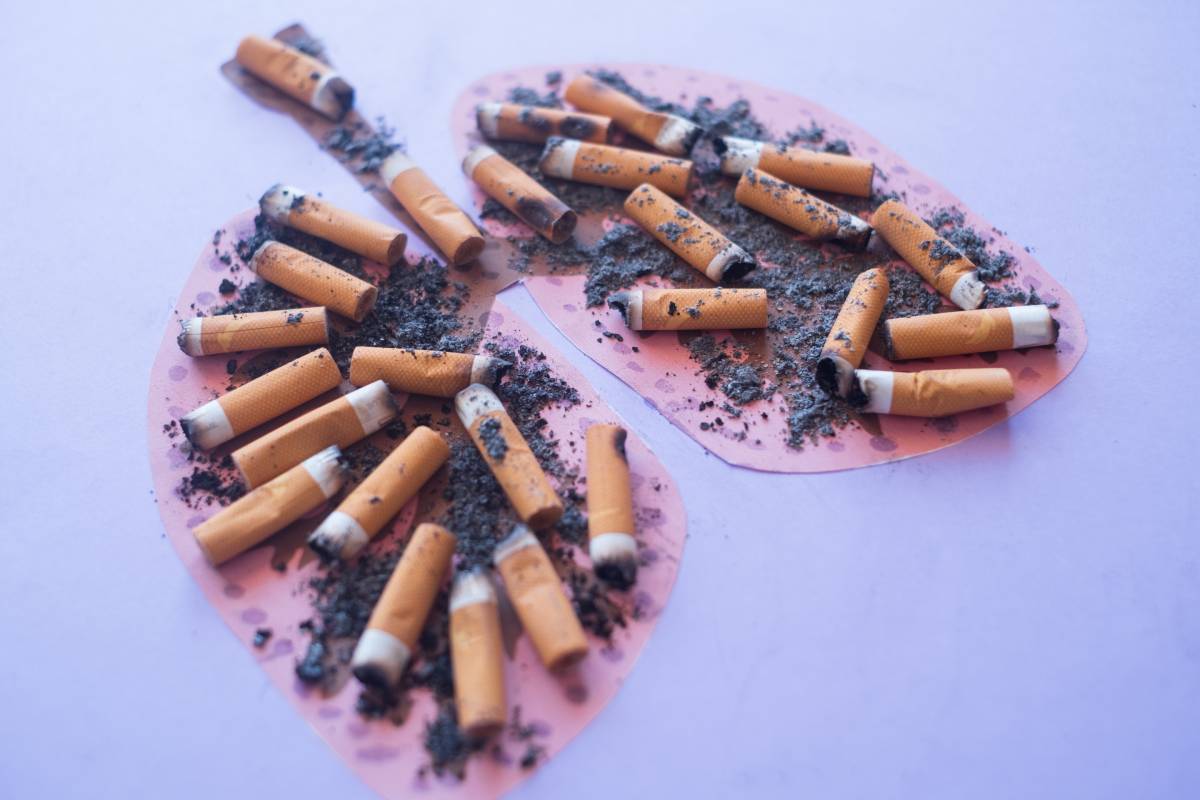 Lungs image with butts cigarettes and Ash from cigarette or cigar smoke. Copy space