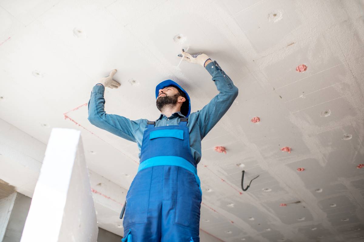 Builder warming building ceiling mounting foam panels on the construction site