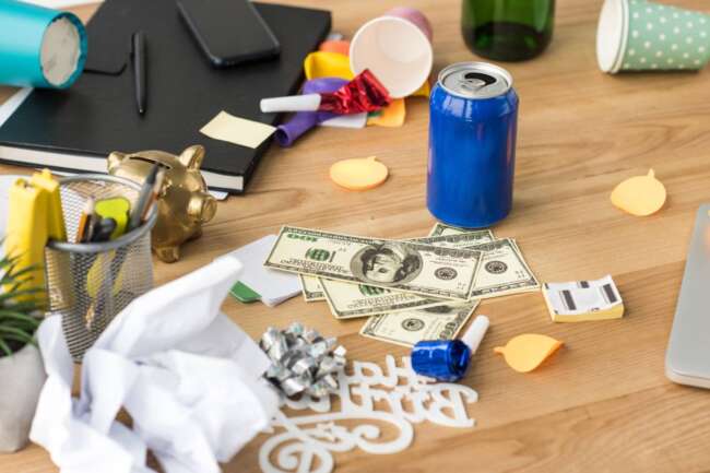 close up view of party decorations and dollars at workplace in office