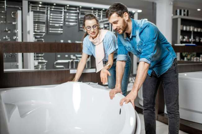 Man and woman choosing new bathtube standing together in the plumbing shop